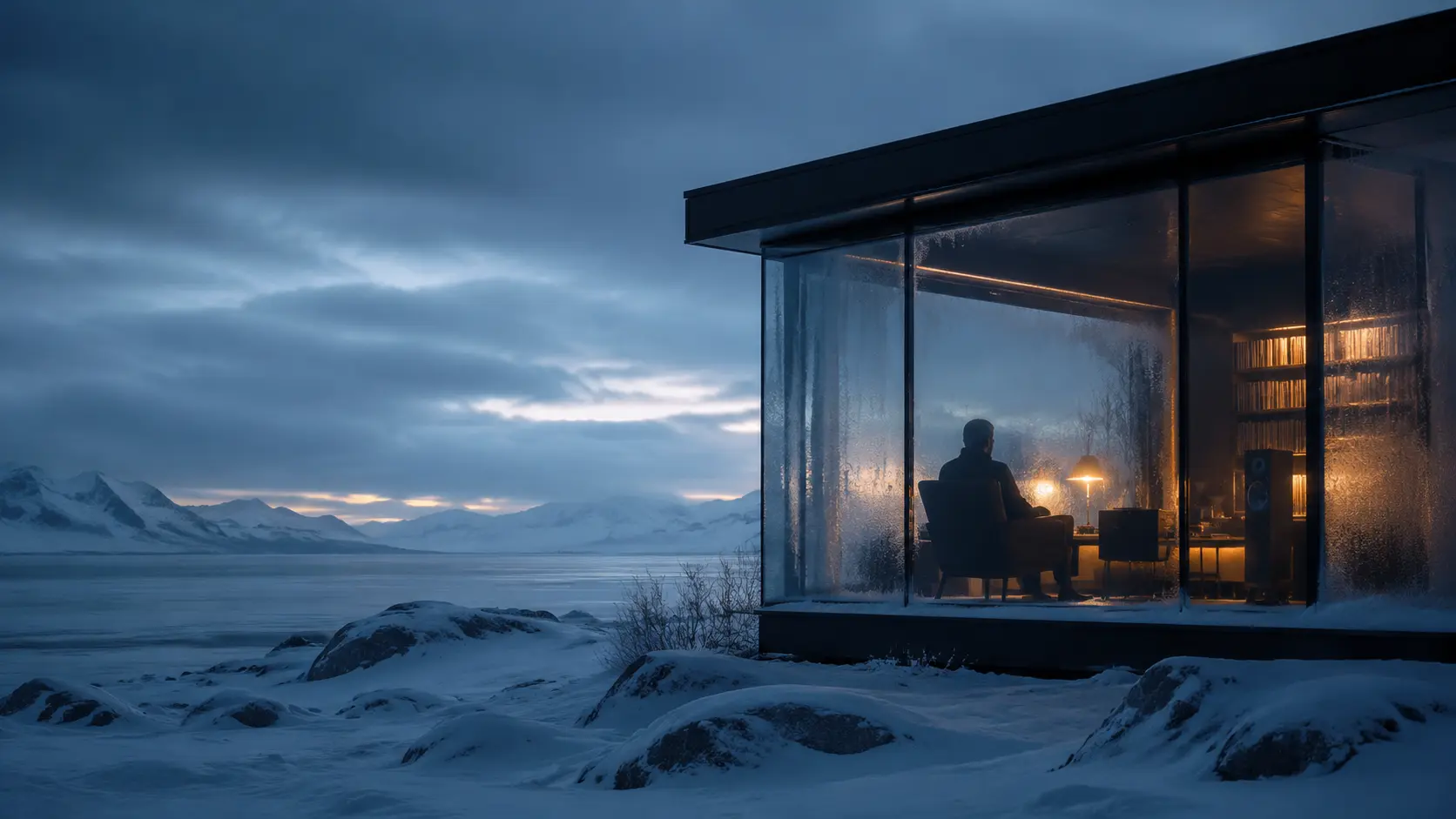 A warm glass listening room in a quiet winter landscape